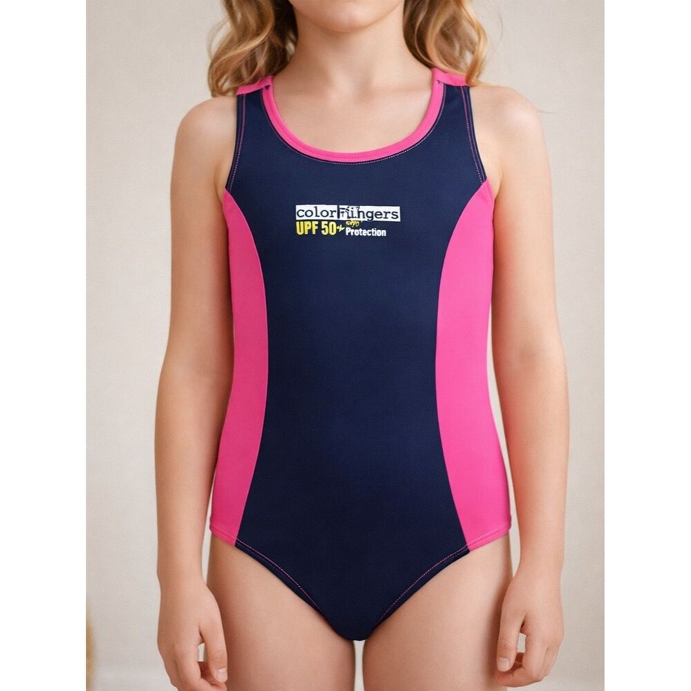 Color Fingers Girls Size 8 UPF 50+ One Piece Swimsuit Navy Pink Racerback
